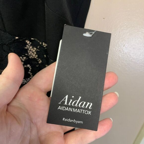 NWT Aidan Mattox Black Nude Crepe Lace Cutout Cocktail Dress Sz 14 - Picture 5 of 10